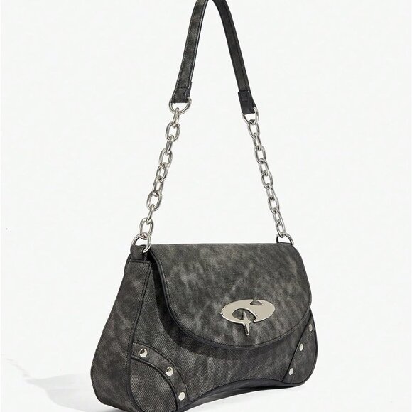 Women's PU Leather Punk Studded Flap Chain Top Handle Shoulder Bag - Picture 3 of 6